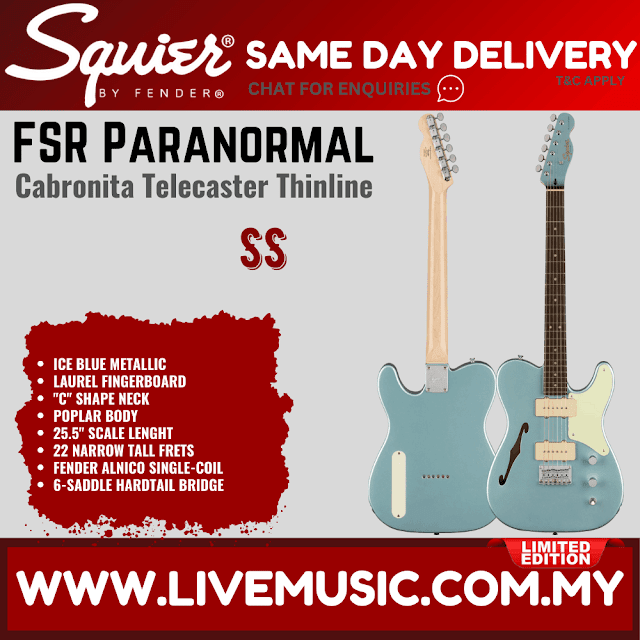 Squier FSR Cabronita Thinline Telecaster Electric Guitar, Laurel FB, Ice Blue Metallic