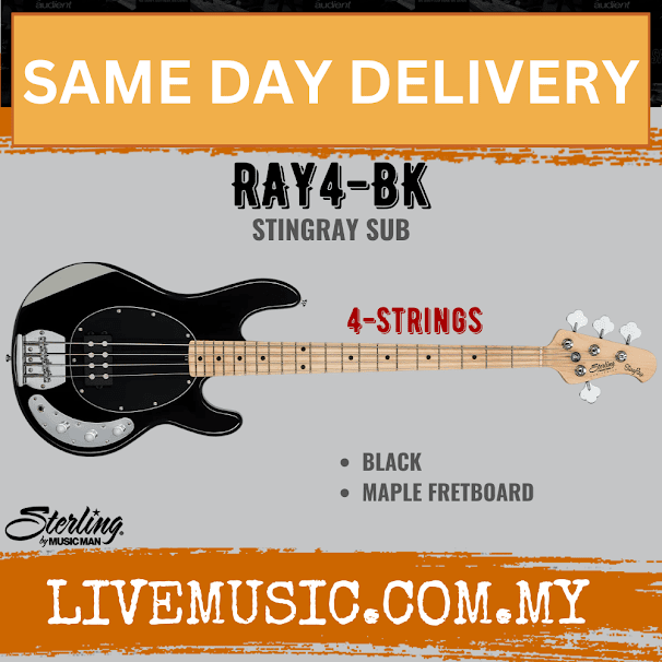 Sterling Ray4 Stingray 4-String Electric Bass Guitar Maple Fretboard - Black (Ray-4/Ray 4)