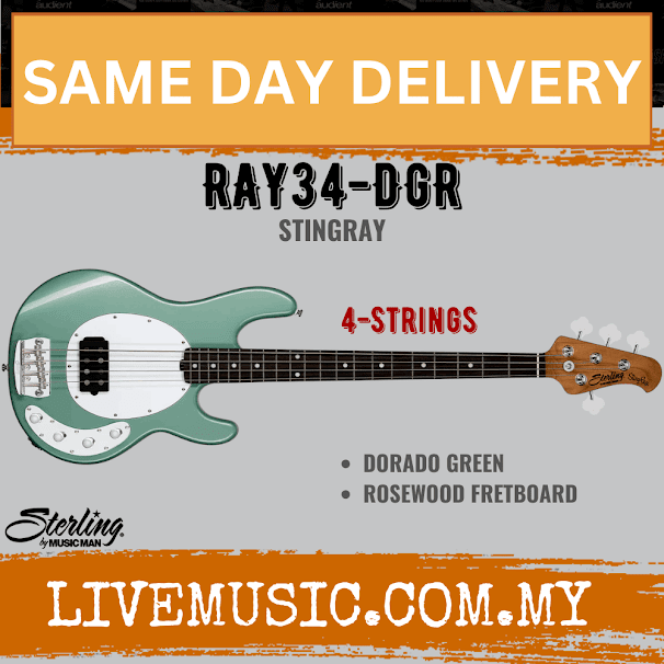Sterling by Music Man Ray34 StingRay 4-String Bass Guitar, Rosewood Fretboard - Dorado Green (Ray-34/Ray 34)