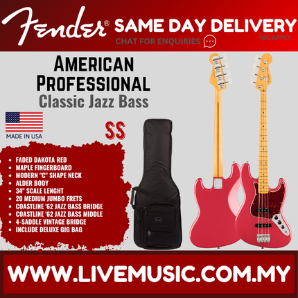 Fender American Professional Classic Jazz Bass Electric Guitar, Maple FB, Faded Dakota Red