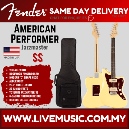 Fender American Performer Jazzmaster Electric Guitar, Rosewood Fretboard with Bag - Vintage White