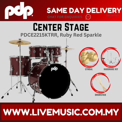 PDP Center Stage 5-piece Complete Drum Set with Hardware, Stool and Cymbal - Ruby Red Sparkle ( PDCE2215KT )