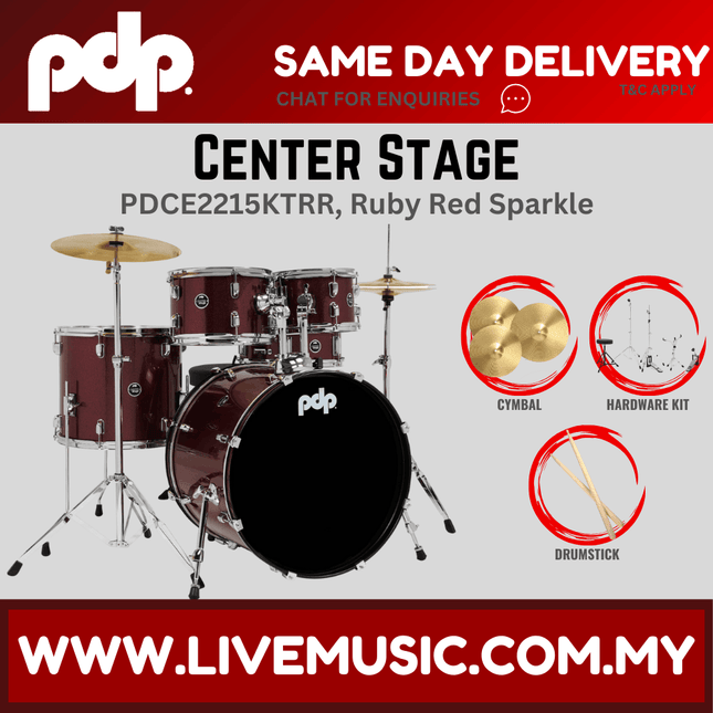 PDP Center Stage 5-piece Complete Drum Set with Hardware, Stool and Cymbal - Ruby Red Sparkle ( PDCE2215KT )