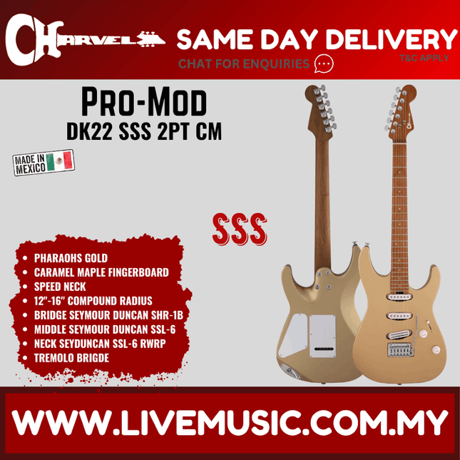 Charvel Pro-Mod DK22 SSS 2PT Electric Guitar, Caramelized Maple FB, Pharaohs Gold