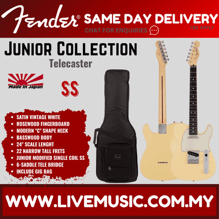 Fender Japan Junior Collection Telecaster Electric Guitar, RW FB, Satin Vintage White