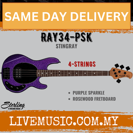 Sterling by Music Man Ray34 StingRay 4-String Bass Guitar, Rosewood Fretboard - Purple Sparkle (Ray-34/Ray 34)