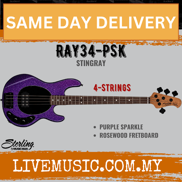 Sterling by Music Man Ray34 StingRay 4-String Bass Guitar, Rosewood Fretboard - Purple Sparkle (Ray-34/Ray 34)