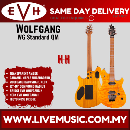 EVH Wolfgang WG Standard QM Electric Guitar, Baked Maple FB, Transparent Amber