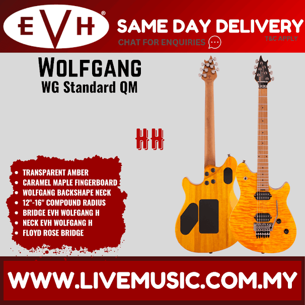 EVH Wolfgang WG Standard QM Electric Guitar, Baked Maple FB, Transparent Amber