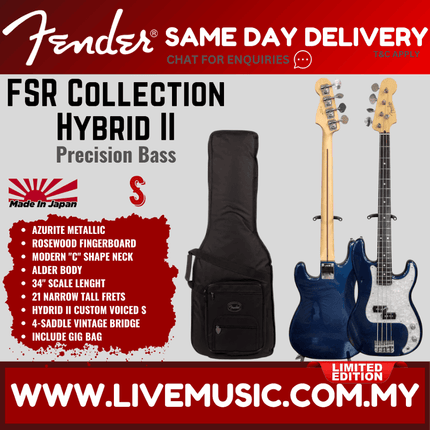 Fender FSR Collection Hybrid II Precision Bass Guitar, RW FB, Azurite Metallic