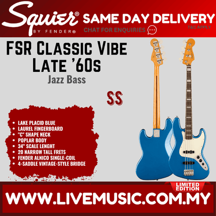 Squier FSR Classic Vibe L60s Jazz Bass Guitar, Laurel FB, Lake Placid Blue