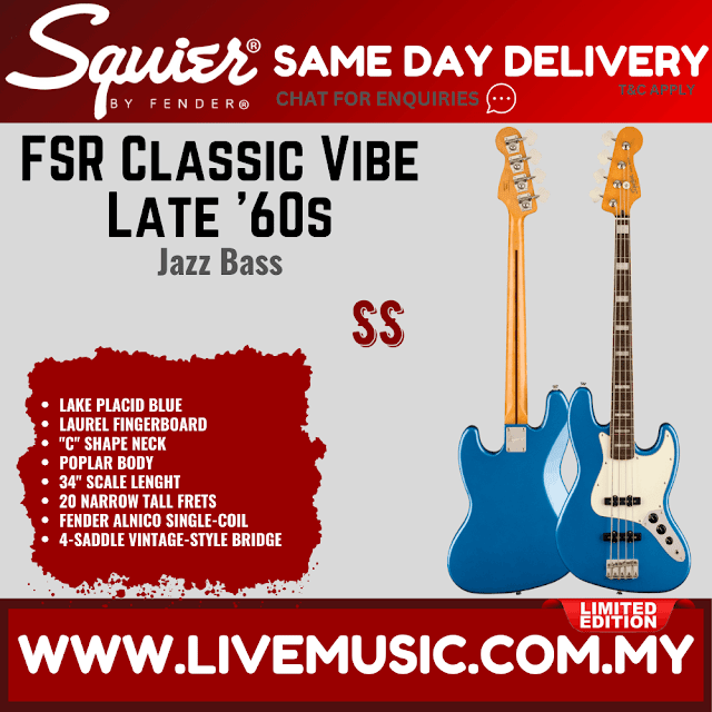 Squier FSR Classic Vibe L60s Jazz Bass Guitar, Laurel FB, Lake Placid Blue