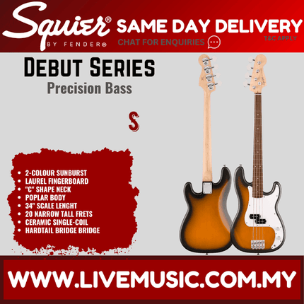 Squier Debut Series Precision Bass Guitar, Laurel FB, 2-Colour Sunburst