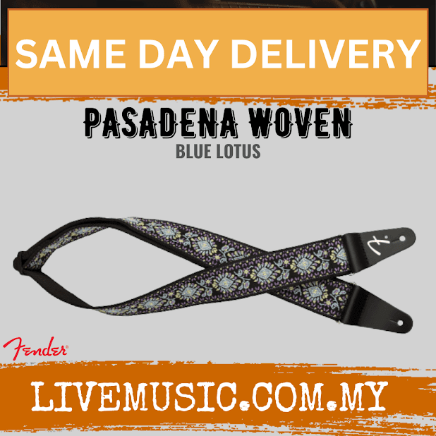 Woven guitar strap in blue floral pattern with black leather ends and adjustment tabs