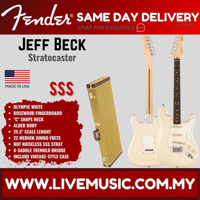 Fender Artist Jeff Beck Stratocaster Guitar, RW FB, Olympic White, w/Case