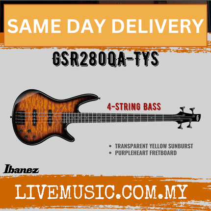 Ibanez 4-string electric bass, transparent yellow sunburst body, purpleheart fretboard