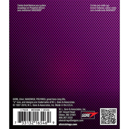 Elixir 16546 Nanoweb Phosphor Bronze Medium Acoustic Guitar Strings - 3-Pack (13-56)