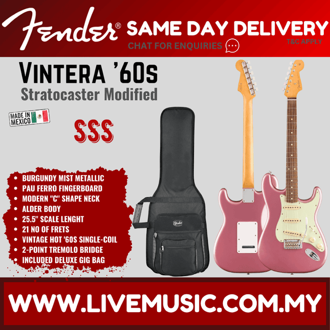 Fender Vintera 60s Stratocaster Modified Electric Guitar, Pau Ferro Fretboard with Bag - Burgundy Mist Metallic