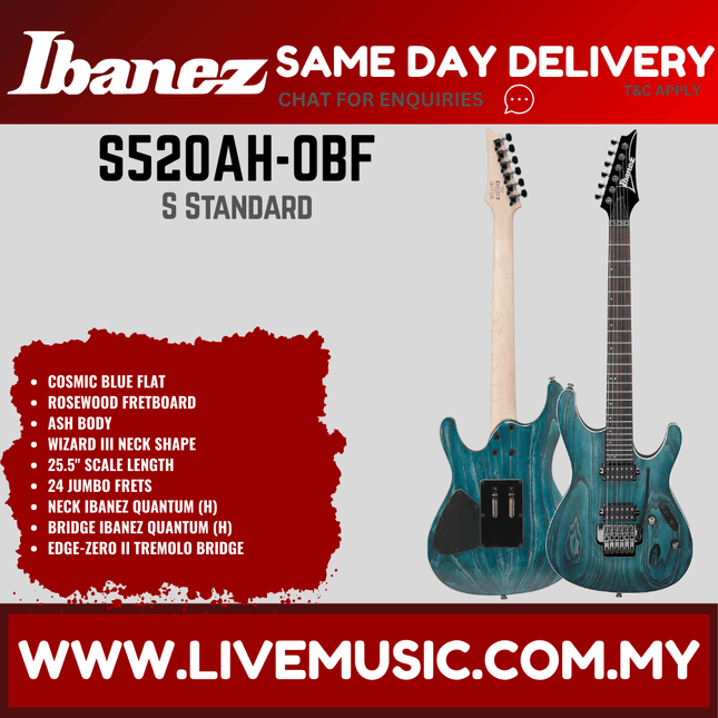 Ibanez S520AH-OBF S Standard Series Electric Guitar, Cosmic Blue Flat (S520AH OB/S520AHOB)