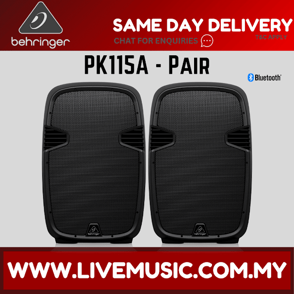 Behringer PK115A Active 800W 15" PA Speaker System with Bluetooth w/UG-88HH Wireless Mic, Speaker Stand and Cable - Pair ( PK-115A / PK 115A )