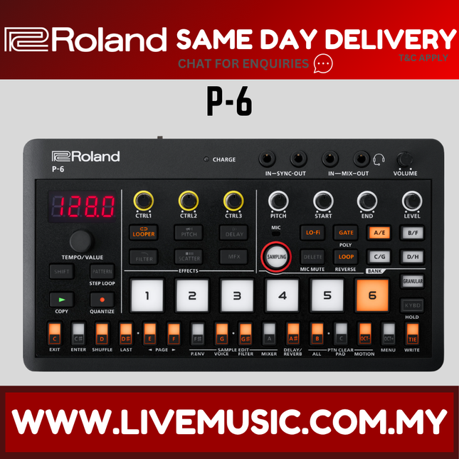 Roland Aira P-6 Creative Sampler front panel with knobs and display