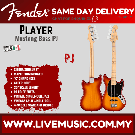 Fender Player Mustang PJ Bass Guitar, Maple Fretboard - Sienna Sunburst