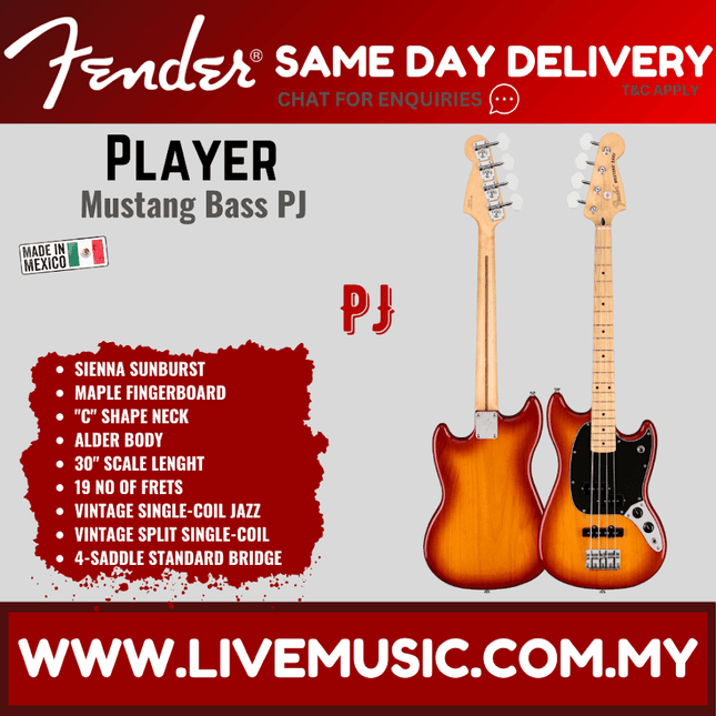 Fender Player Mustang PJ Bass Guitar, Maple Fretboard - Sienna Sunburst