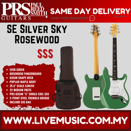 PRS SE Silver Sky electric guitar, ever green finish, with gig bag (two views)
