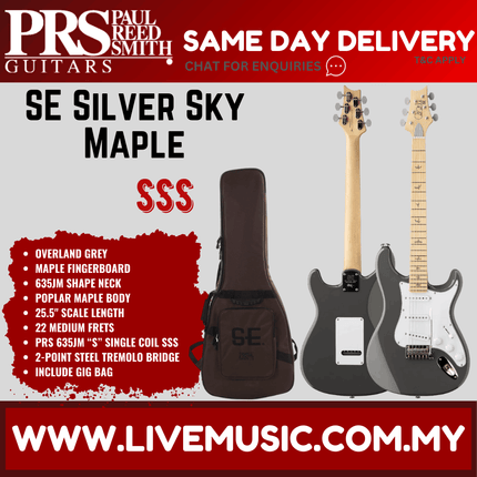 Overland Grey electric guitar with maple neck and headstock, in black gig bag.