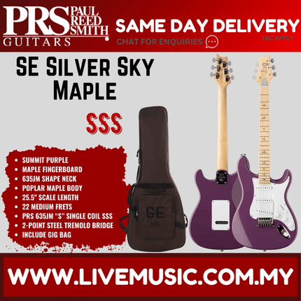 Purple electric guitar with maple neck and tremolo bridge, with gig bag