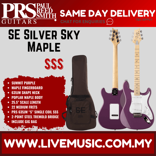 Purple electric guitar with maple neck and tremolo bridge, with gig bag