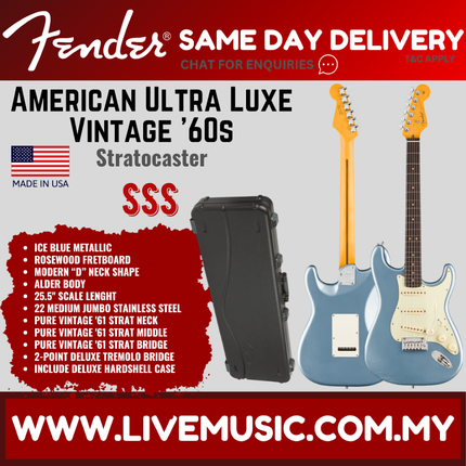 Fender American Ultra Luxe Vintage 60s Stratocaster Electric Guitar, RW FB, Ice Blue Metallic