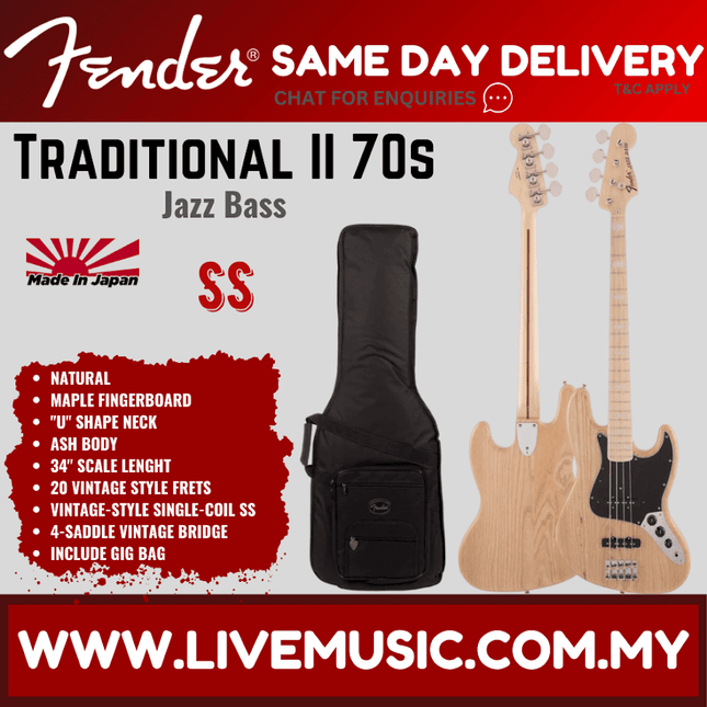 Fender Japan Traditional II 70s Jazz Bass Guitar, Maple Fretboard with FREE Gig Bag - Natural