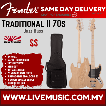 Fender Japan Traditional II 70s Jazz Bass Guitar, Maple Fretboard with FREE Gig Bag - Natural