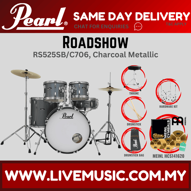 Charcoal metallic drum set with cymbals and drum throne