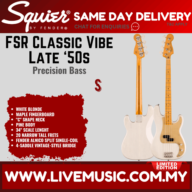 Squier FSR Classic Vibe Late 50s Precision Bass Guitar, Maple FB, White Blonde