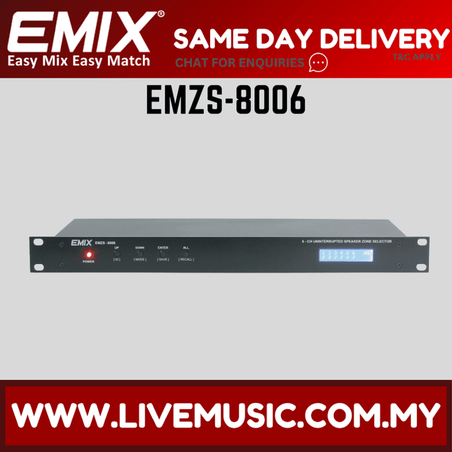 EMIX EMZS-8006 6-zone uninterrupted speaker zone selector, black front panel with display