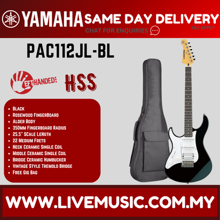 Left-handed electric guitar in a padded black gig bag, white pickguard and humbucker pickups