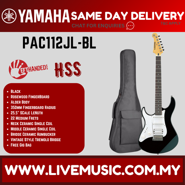 Left-handed electric guitar in a padded black gig bag, white pickguard and humbucker pickups