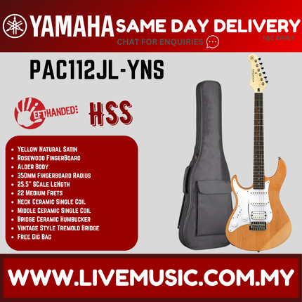 Left-handed electric guitar with yellow natural satin finish and black padded gig bag