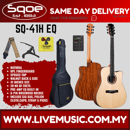 SQOE SQ-41H EQ 41" Spruce Top Folk Acoustic Electric Guitar w/Gig Bag, HPL FB - Natural ( SQ41H EQ / SQ 41H EQ)