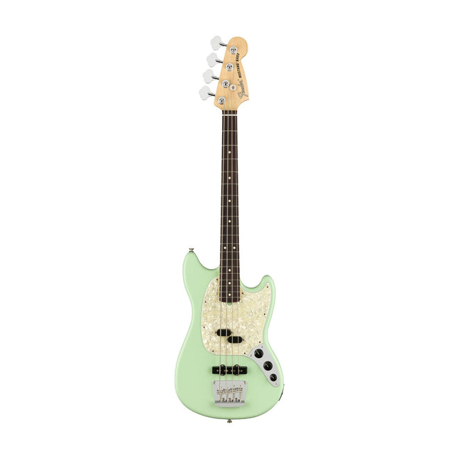 Seafoam green Fender Mustang bass guitar with rosewood-style fretboard, full front view