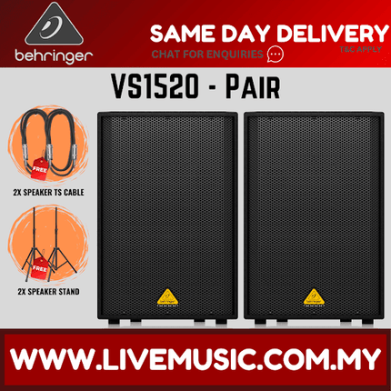 Behringer VS1520 600-Watt 15inch Passive Speaker w/Speaker Stand  With Speaker Stand and Cable - Pair (VS-1520)