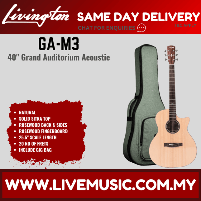 Livingston GA-M3 EQ 40" Sitka Solid Top Grand Auditorium Acoustic-Electric Guitar, Rosewood FB - Natural ( GAM3 GA M3 )