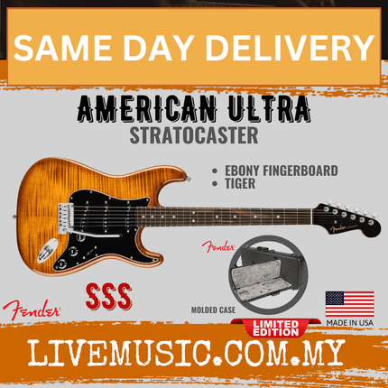 Fender American Ultra Limited Edition Stratocaster Electric Guitar, Ebony FB, Tiger