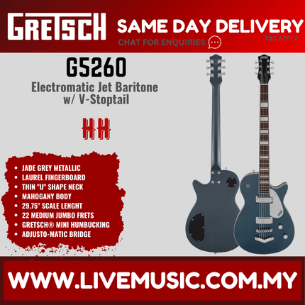 Gretsch G5260 Electromatic Jet Baritone w/ V-Stoptail Electric Guitar, Laurel FB, Jade Gray Metallic