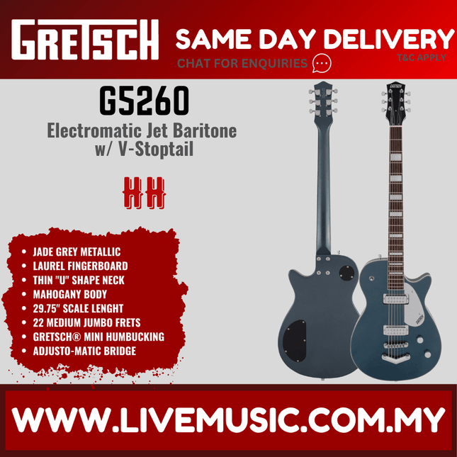 Gretsch G5260 Electromatic Jet Baritone w/ V-Stoptail Electric Guitar, Laurel FB, Jade Gray Metallic