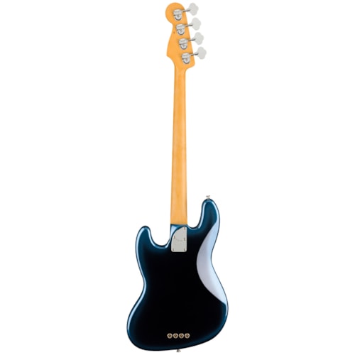 Dark blue electric jazz bass guitar with light wood neck and headstock
