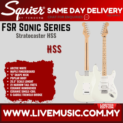 Squier FSR Sonic Stratocaster HSS Electric Guitar w/White Pickguard, Maple FB, Arctic White