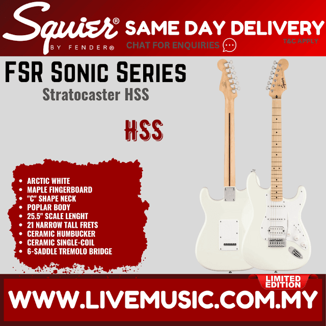 Squier FSR Sonic Stratocaster HSS Electric Guitar w/White Pickguard, Maple FB, Arctic White